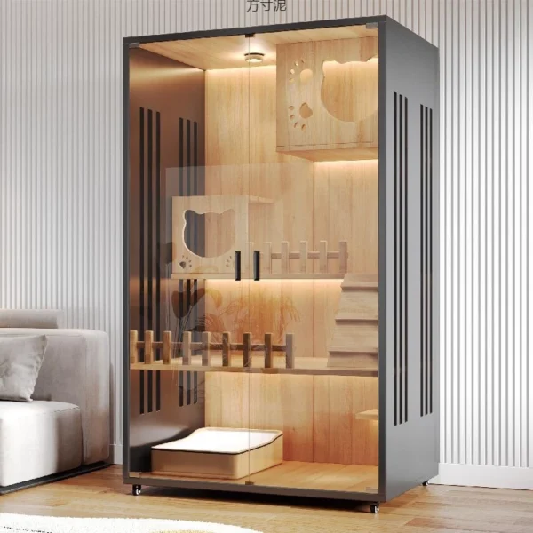 Large Cat Cage Wooden with Glass Door and Light Cat Villa Cat House
